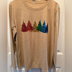 Festive Tan Long Sleeve Shirt with Colorful Tree Design(XL)